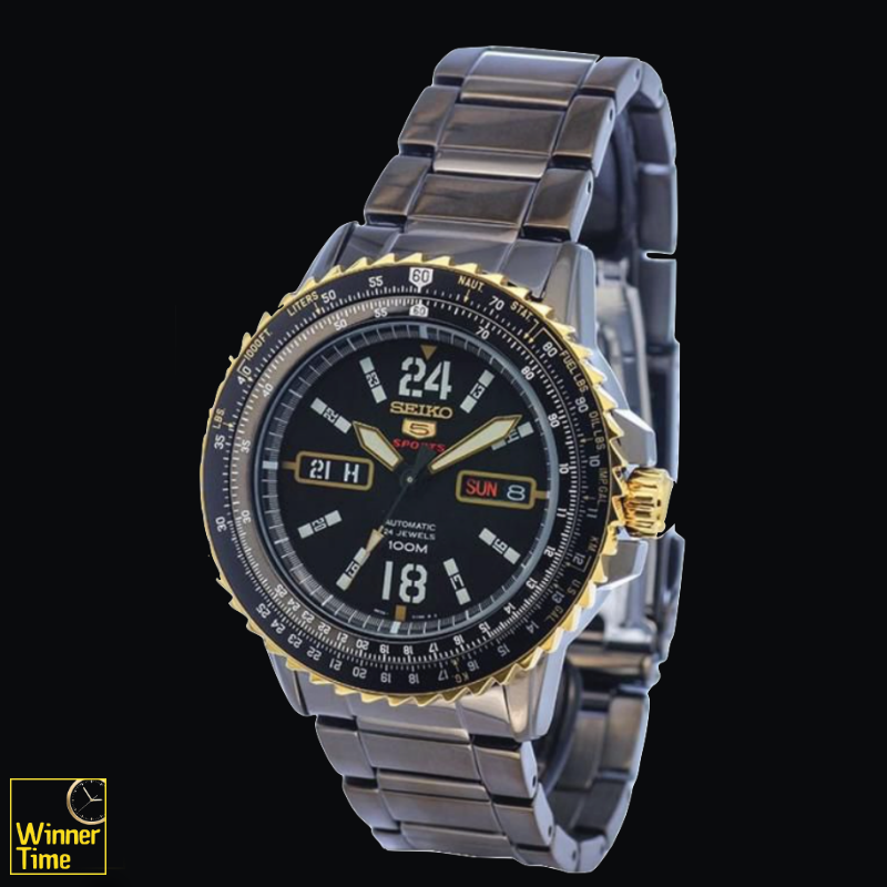 SEIKO 5 Sport Automatic Jewels Black Dial Black Stainless Steel Day Date Display รุ่น SRP356K1,SRP356K,SRP356