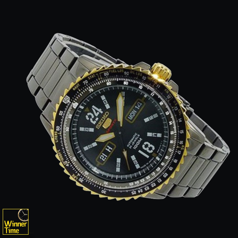 SEIKO 5 Sport Automatic Jewels Black Dial Black Stainless Steel Day Date Display รุ่น SRP356K1,SRP356K,SRP356