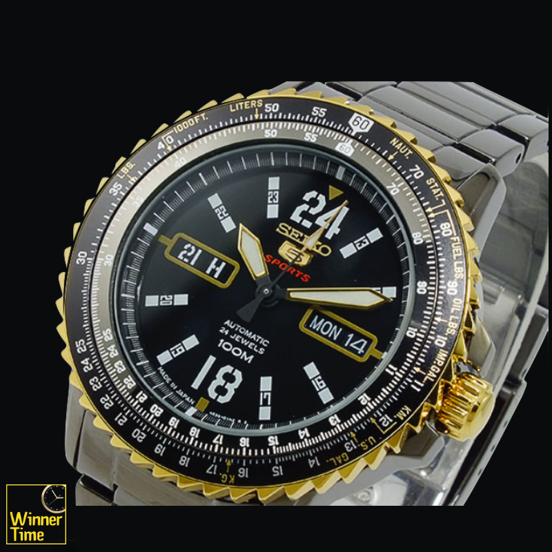 SEIKO 5 Sport Automatic Jewels Black Dial Black Stainless Steel Day Date Display รุ่น SRP356K1,SRP356K,SRP356