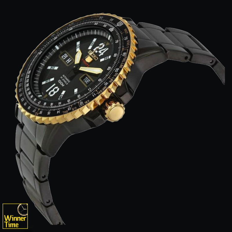 SEIKO 5 Sport Automatic Jewels Black Dial Black Stainless Steel Day Date Display รุ่น SRP356K1,SRP356K,SRP356
