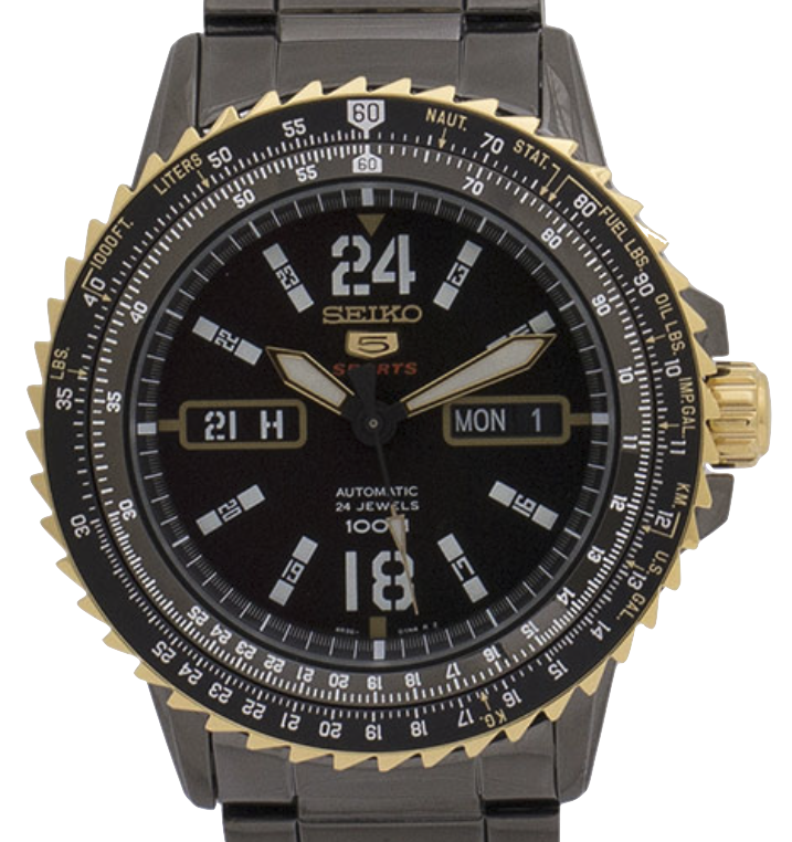 SEIKO 5 Sport Automatic Jewels Black Dial Black Stainless Steel Day Date Display รุ่น SRP356K1,SRP356K,SRP356