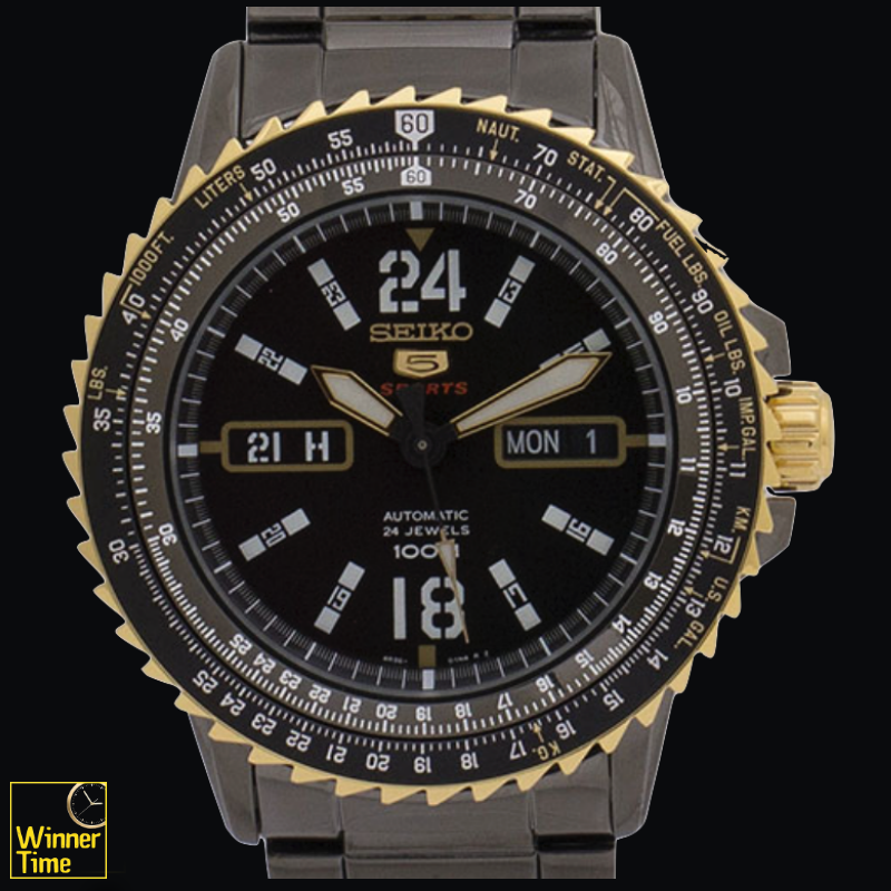 SEIKO 5 Sport Automatic Jewels Black Dial Black Stainless Steel Day Date Display รุ่น SRP356K1,SRP356K,SRP356