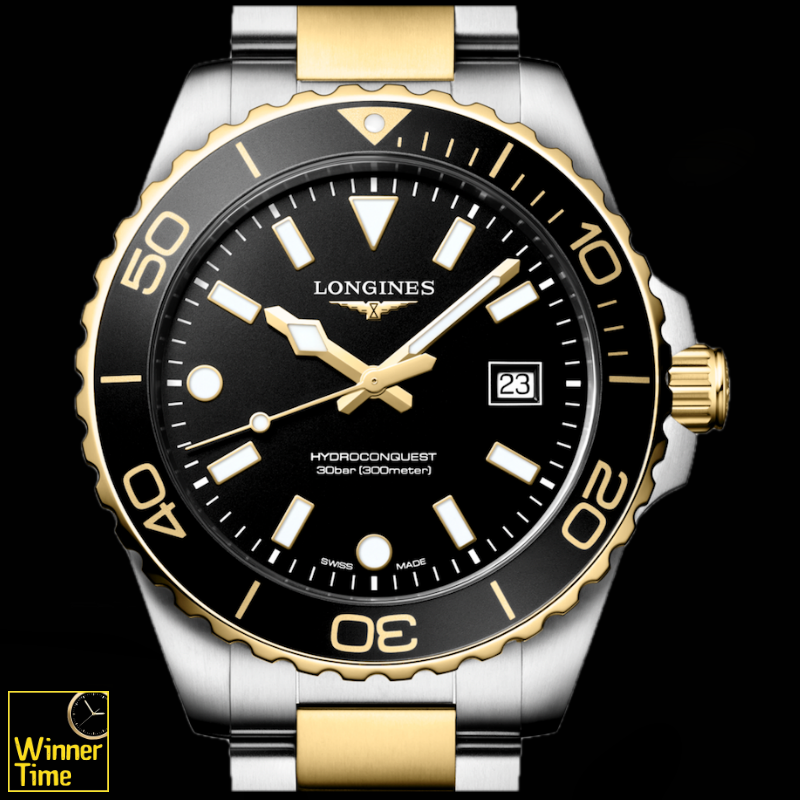 นาฬิกาข้อมือผู้ชายจากแบรนด์หรูสวิส Longines HYDROCONQUESTควอตซ์ &Oslash; 42.00 mm สแตนเลสสตีลและเคลือบ pvd สีเหลือง รุ่น L3.769.3.56.7