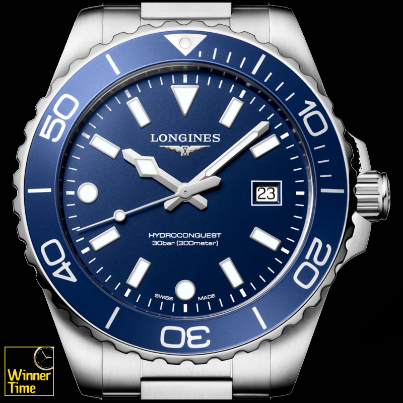 นาฬิกาข้อมือผู้ชายจากแบรนด์หรูสวิส Longines HYDROCONQUEST- L3.769.4.06.6 ควอตซ์, &Oslash; 42.00 mm สแตนเลสสตีล รุ่น L3.769.4.96.6