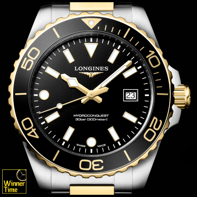 นาฬิกาข้อมือผู้ชายจากแบรนด์หรูสวิส Longines HYDROCONQUESTควอตซ์ &Oslash; 42.00 mm สแตนเลสสตีลและเคลือบ pvd สีเหลือง รุ่น L3.769.3.56.7