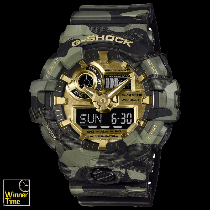 นาฬิกา CASIO G-SHOCK ซีรีส์ BOLD CAMO ลายพรางและสีทองอะนาล็อก-ดิจิตอลซีรีส์ GA-700 รุ่น GA-700CMG-3ADR