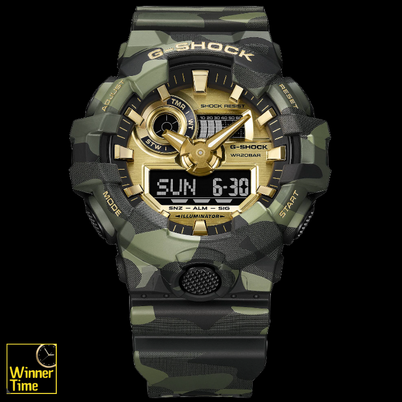 นาฬิกา CASIO G-SHOCK ซีรีส์ BOLD CAMO ลายพรางและสีทองอะนาล็อก-ดิจิตอลซีรีส์ GA-700 รุ่น GA-700CMG-3ADR