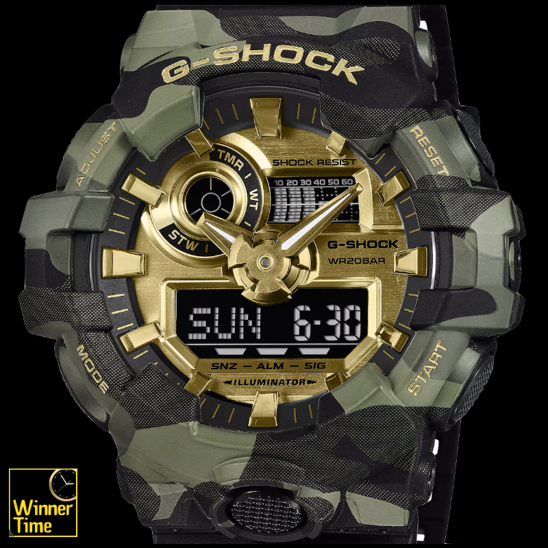 นาฬิกา CASIO G-SHOCK ซีรีส์ BOLD CAMO ลายพรางและสีทองอะนาล็อก-ดิจิตอลซีรีส์ GA-700 รุ่น GA-700CMG-3ADR