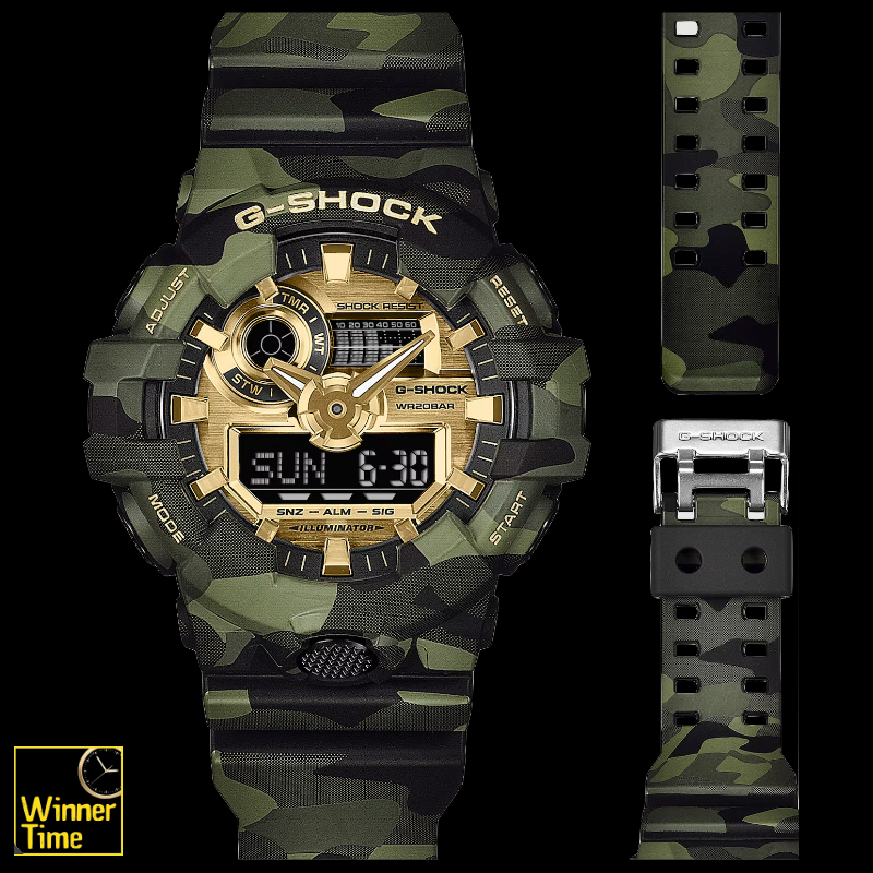 นาฬิกา CASIO G-SHOCK ซีรีส์ BOLD CAMO ลายพรางและสีทองอะนาล็อก-ดิจิตอลซีรีส์ GA-700 รุ่น GA-700CMG-3ADR