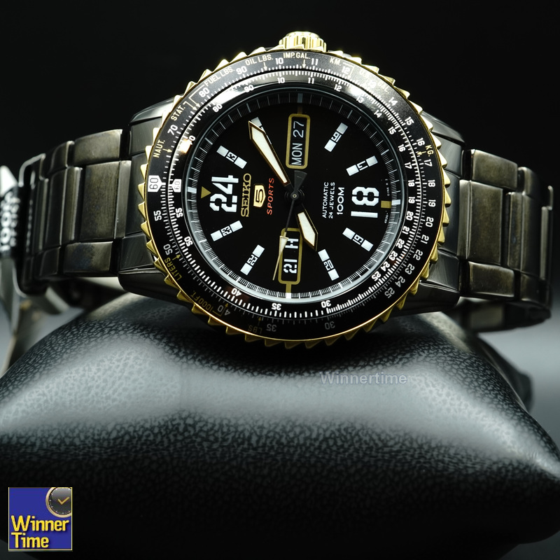 SEIKO 5 Sport Automatic Jewels Black Dial Black Stainless Steel Day Date Display รุ่น SRP356K1,SRP356K,SRP356