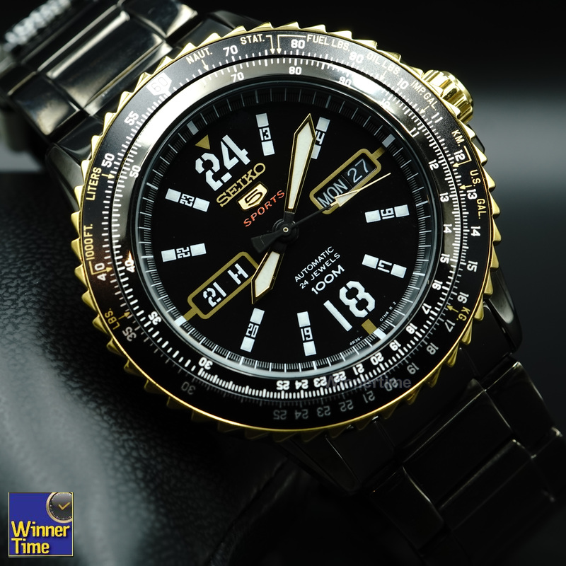 SEIKO 5 Sport Automatic Jewels Black Dial Black Stainless Steel Day Date Display รุ่น SRP356K1,SRP356K,SRP356