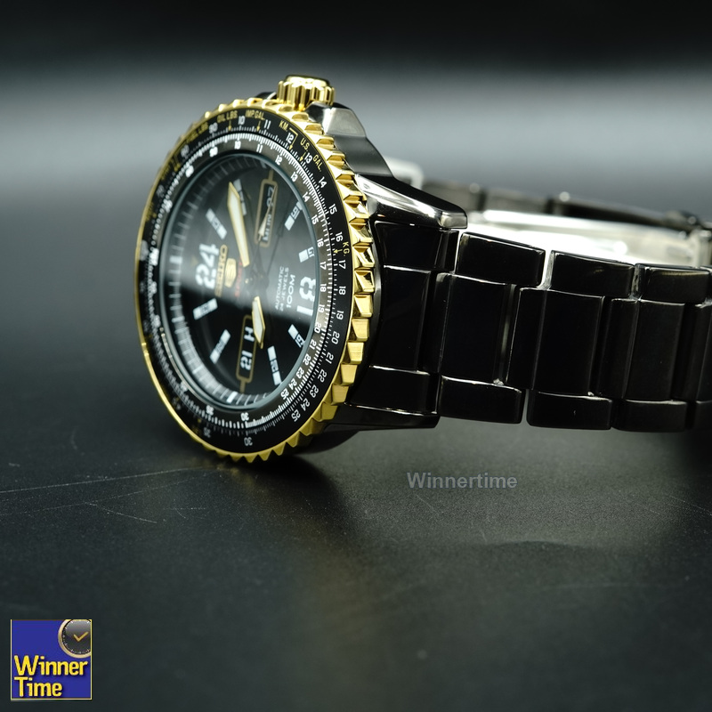 SEIKO 5 Sport Automatic Jewels Black Dial Black Stainless Steel Day Date Display รุ่น SRP356K1,SRP356K,SRP356