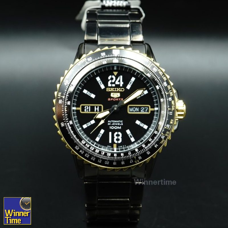 SEIKO 5 Sport Automatic Jewels Black Dial Black Stainless Steel Day Date Display รุ่น SRP356K1,SRP356K,SRP356