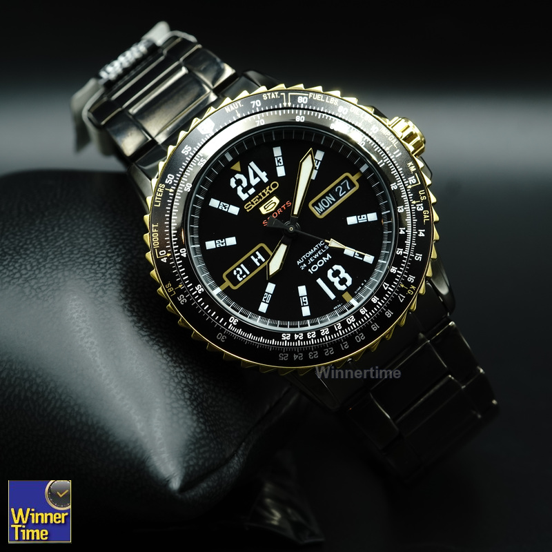 SEIKO 5 Sport Automatic Jewels Black Dial Black Stainless Steel Day Date Display รุ่น SRP356K1,SRP356K,SRP356