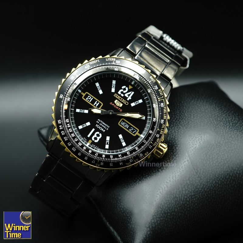 SEIKO 5 Sport Automatic Jewels Black Dial Black Stainless Steel Day Date Display รุ่น SRP356K1,SRP356K,SRP356