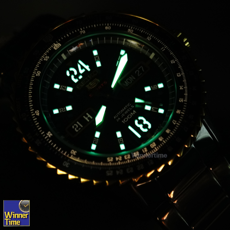 SEIKO 5 Sport Automatic Jewels Black Dial Black Stainless Steel Day Date Display รุ่น SRP356K1,SRP356K,SRP356